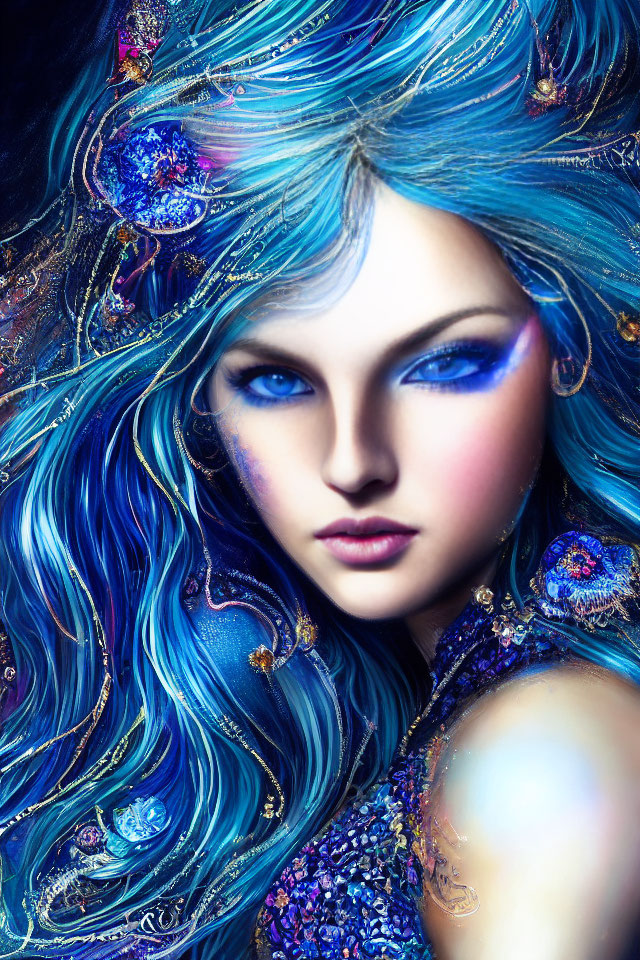 Fantasy figure with luminescent blue hair and jewel-encrusted attire