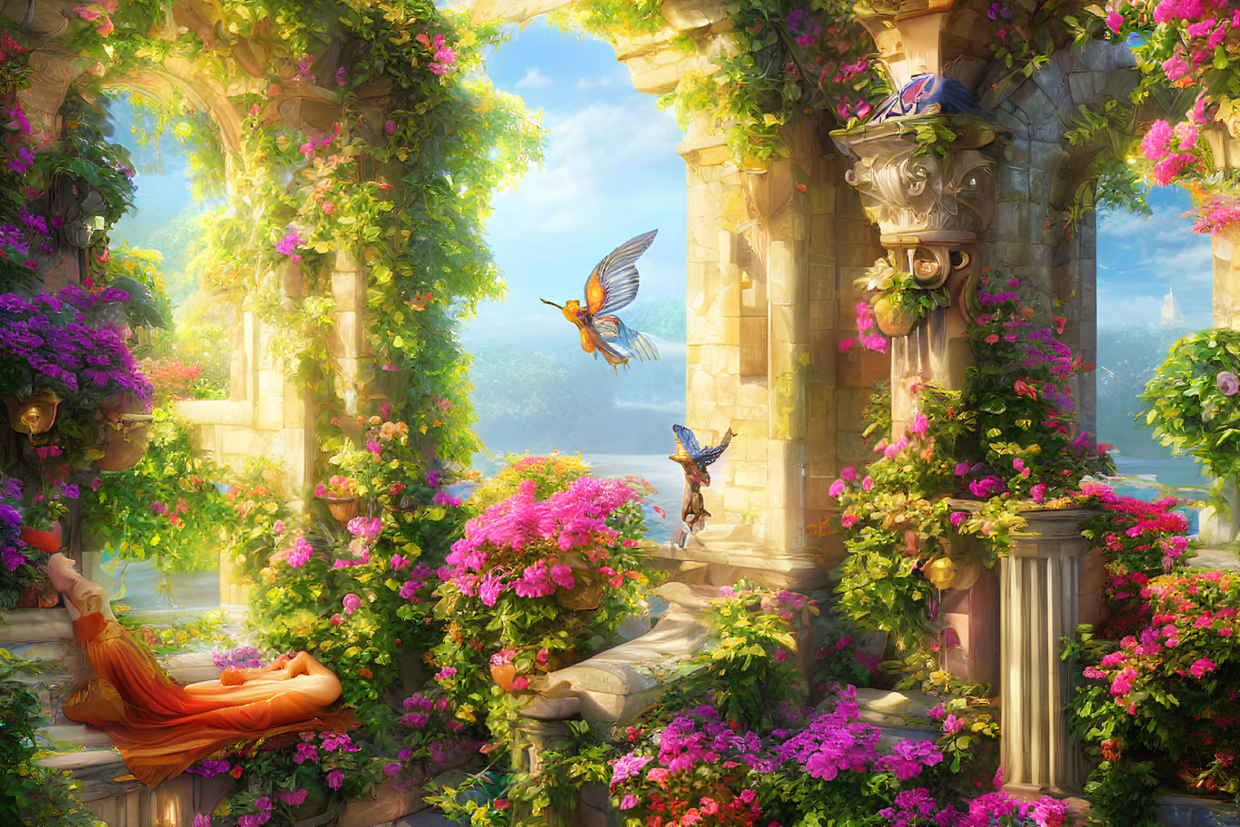 Vibrant fantasy garden with ancient stone arches and colorful birds