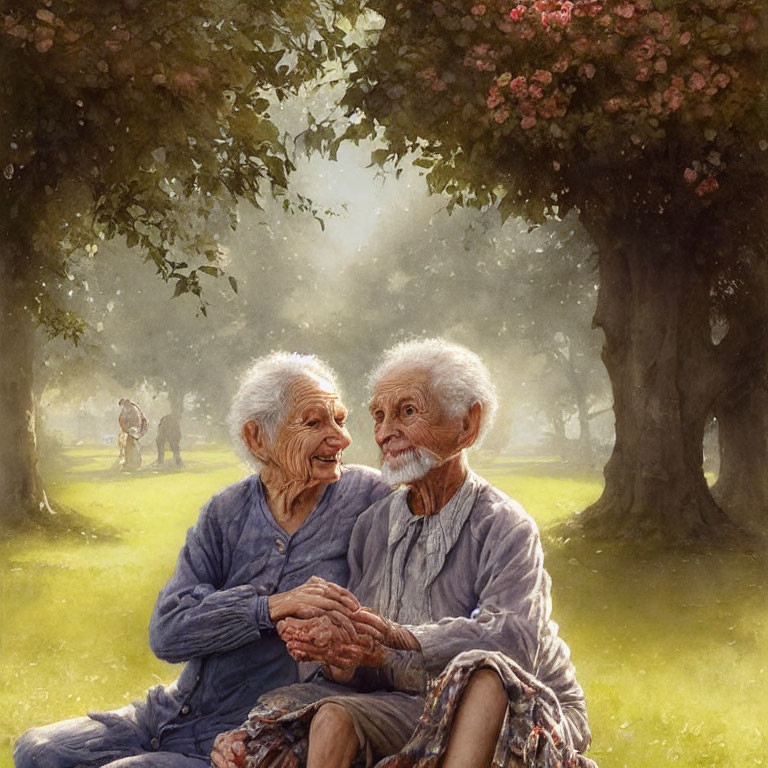Elderly couple smiling under a tree in serene park