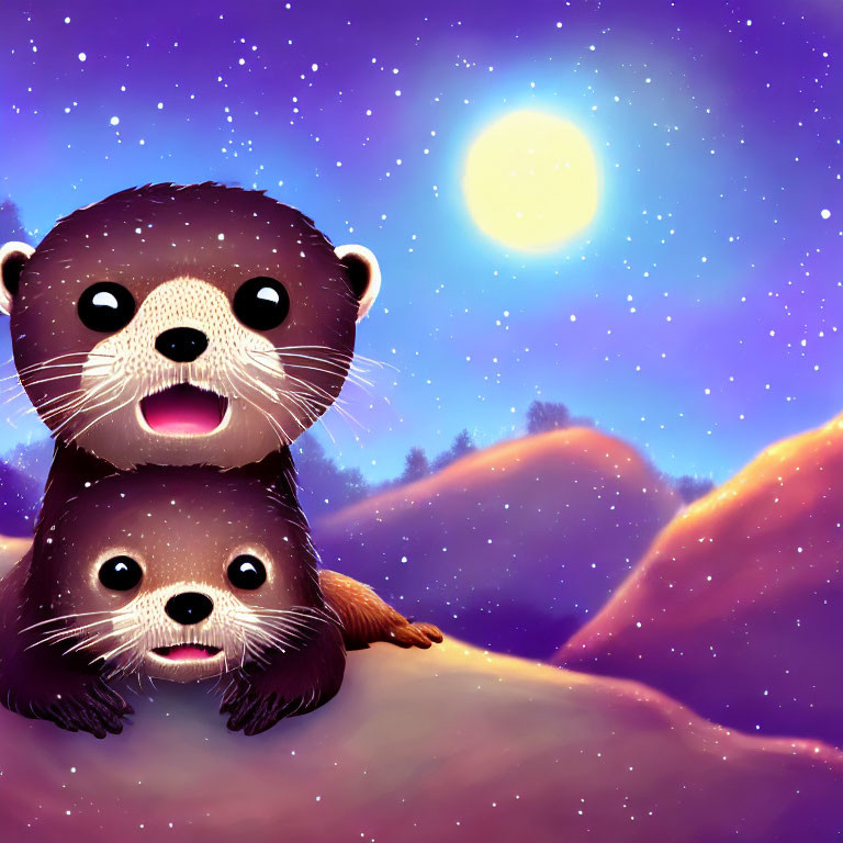 Cartoon otters under full moon on colorful hill