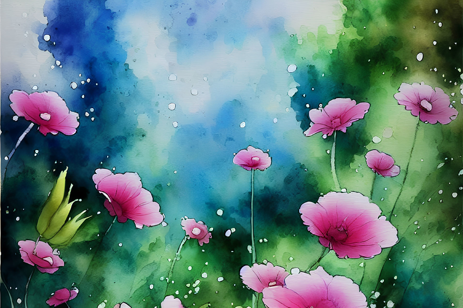 Pink Flowers Watercolor Painting with Blue, Green, and White Blending
