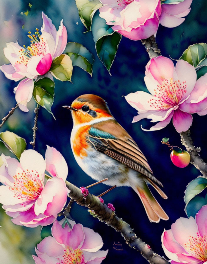 Colorful Robin Bird Painting with Pink Flowers and Green Leaves