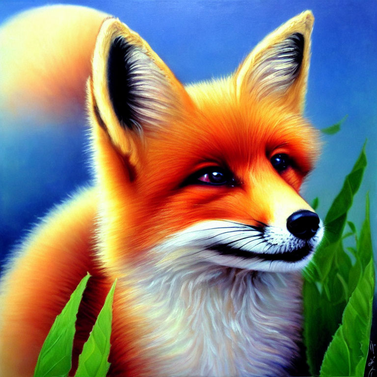 Vivid Red Fox Painting with Orange Fur on Blue Background