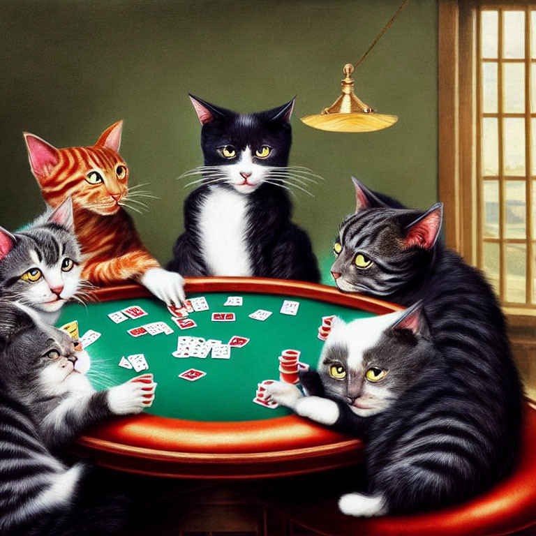Anthropomorphic Cats Playing Card Game Around Green Table