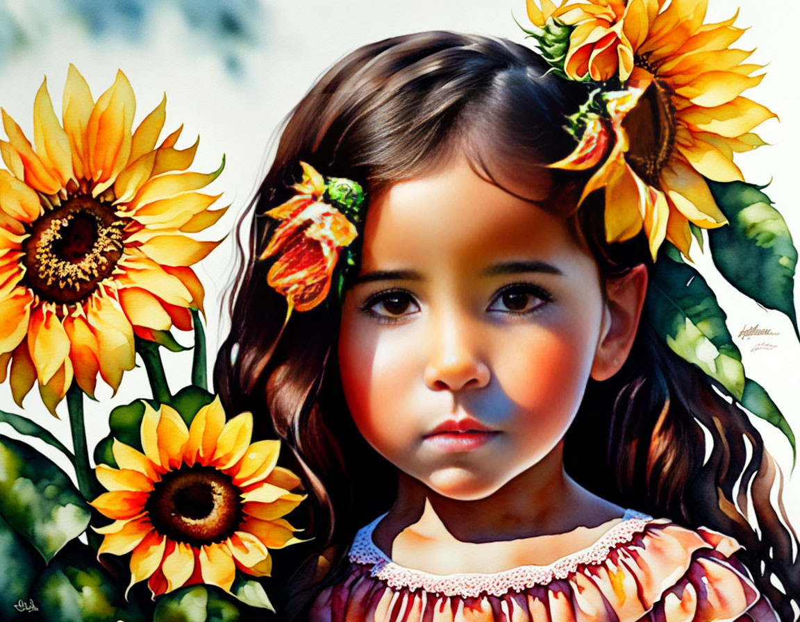 Young girl with brown hair and sunflower hairpins in vibrant, painterly style