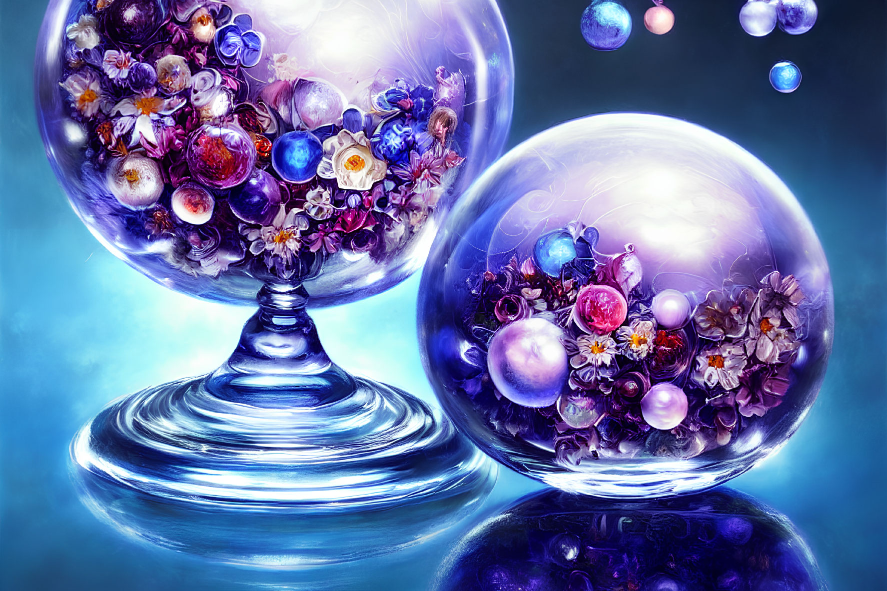 Colorful flowers and bubbles in glass vessels on blue background