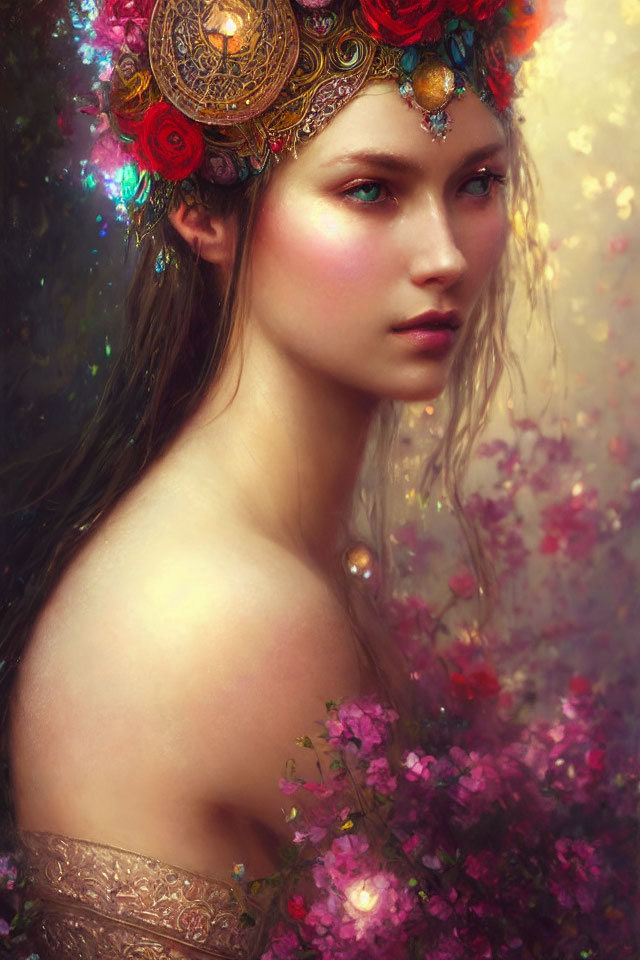 Ethereal beauty of a serene woman with floral crown in dreamy ambiance