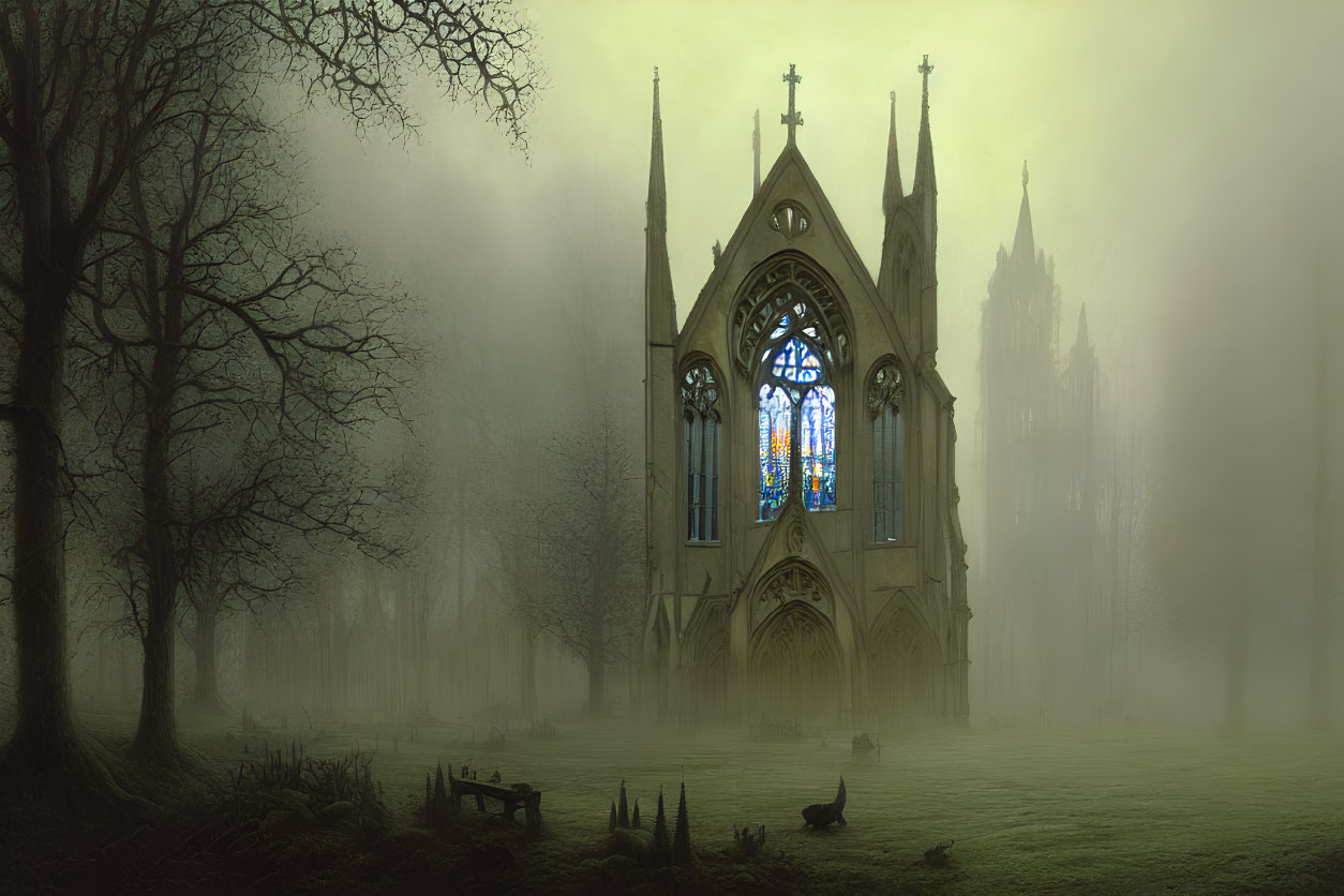 Gothic church in fog with stained glass windows and black cat