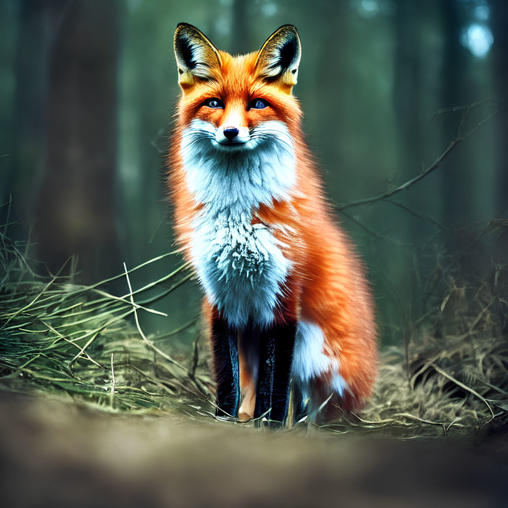 Red fox sitting attentively in lush forest setting