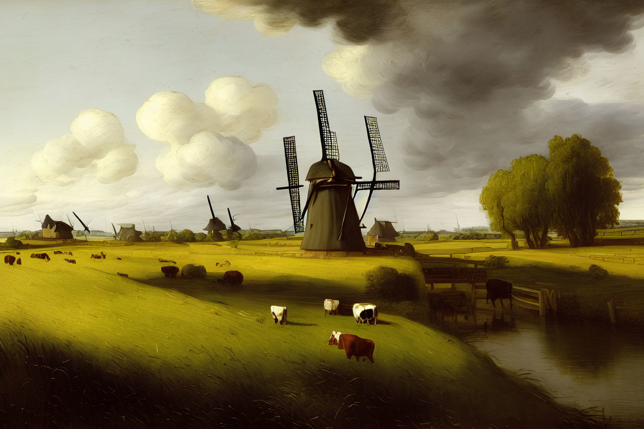Rural landscape with windmills, grazing cows, and village under dramatic sky