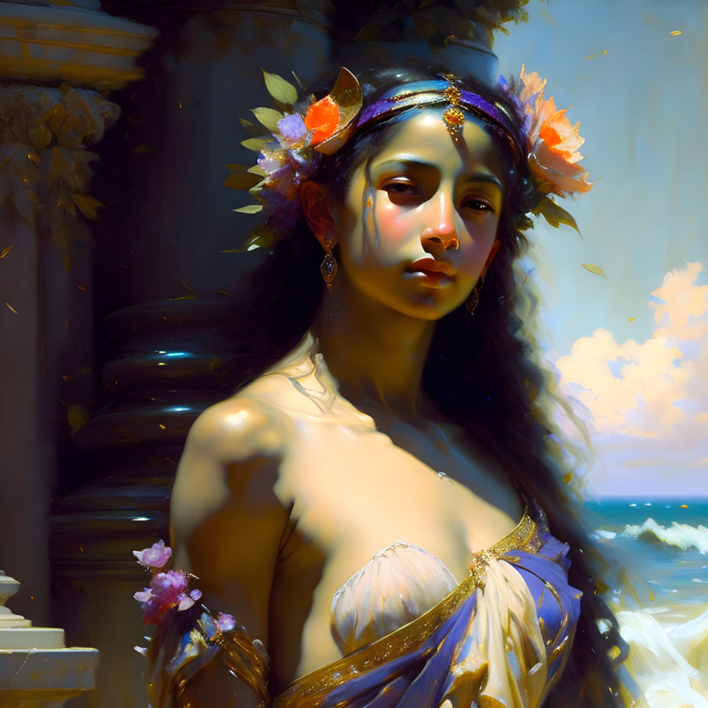 Digital artwork of woman with flowers in hair, gold and purple outfit, architectural backdrop.