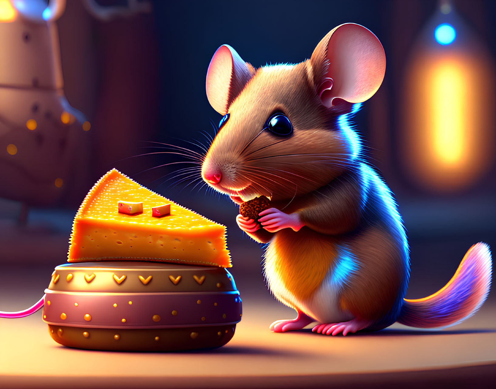 Smiling cartoon mouse with cheese and mousetrap