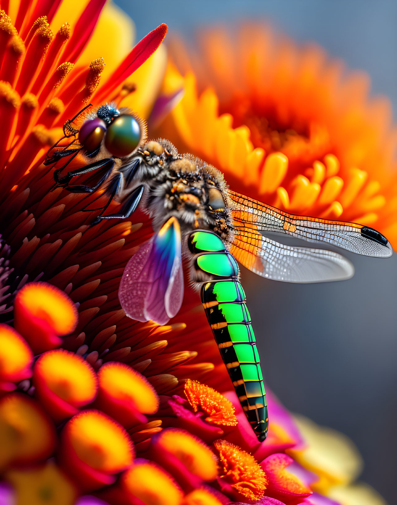 Vibrant dragonfly on colorful flower with intricate wings