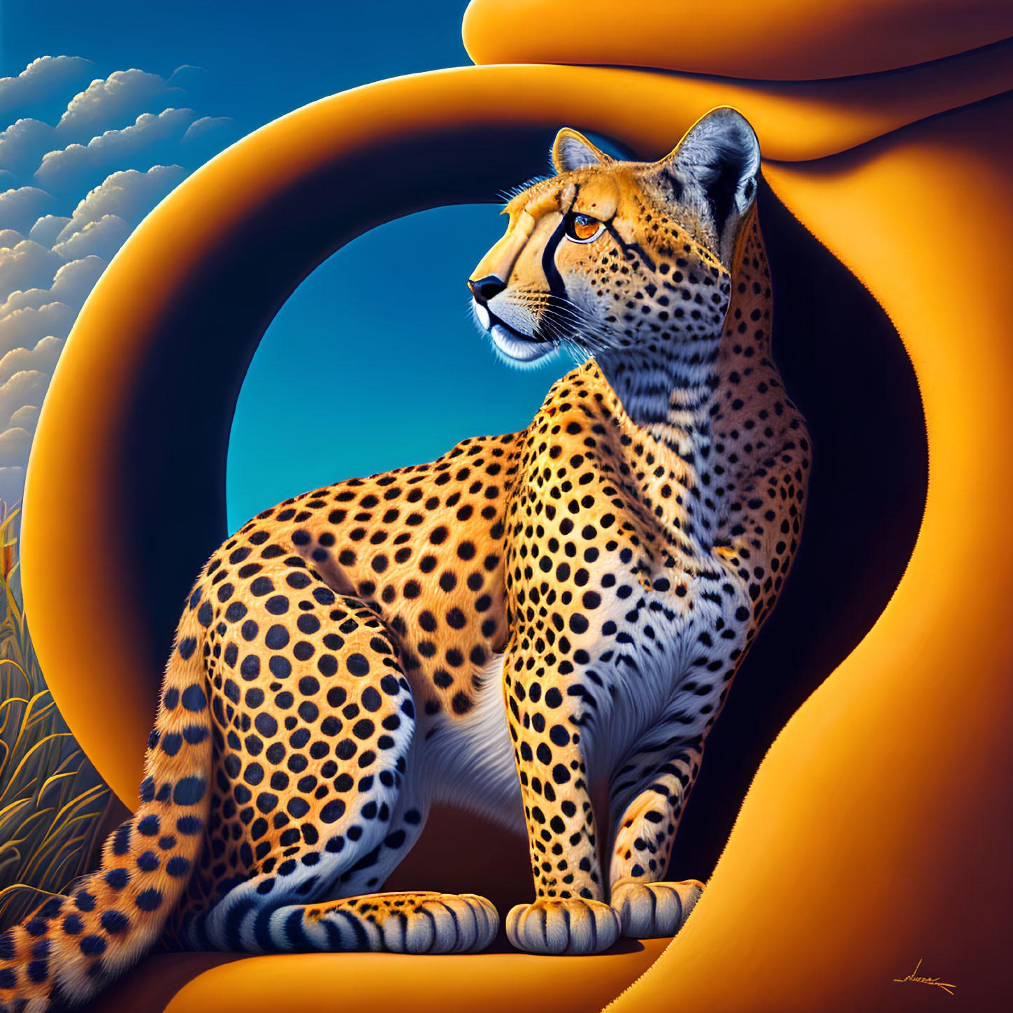 Majestic cheetah under blue sky with golden-orange frame
