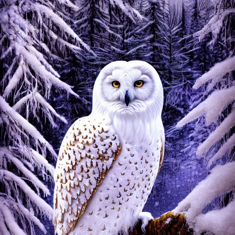 White Owl with Yellow Eyes Perched in Snowy Forest