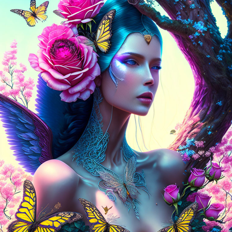 Fantasy artwork of woman with blue skin, flowers, butterflies on pink background