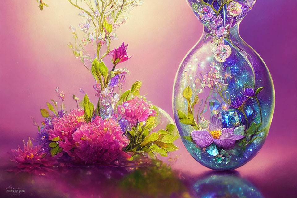 Colorful fantasy still life with glass hourglass, flowers, and crystals on purple background