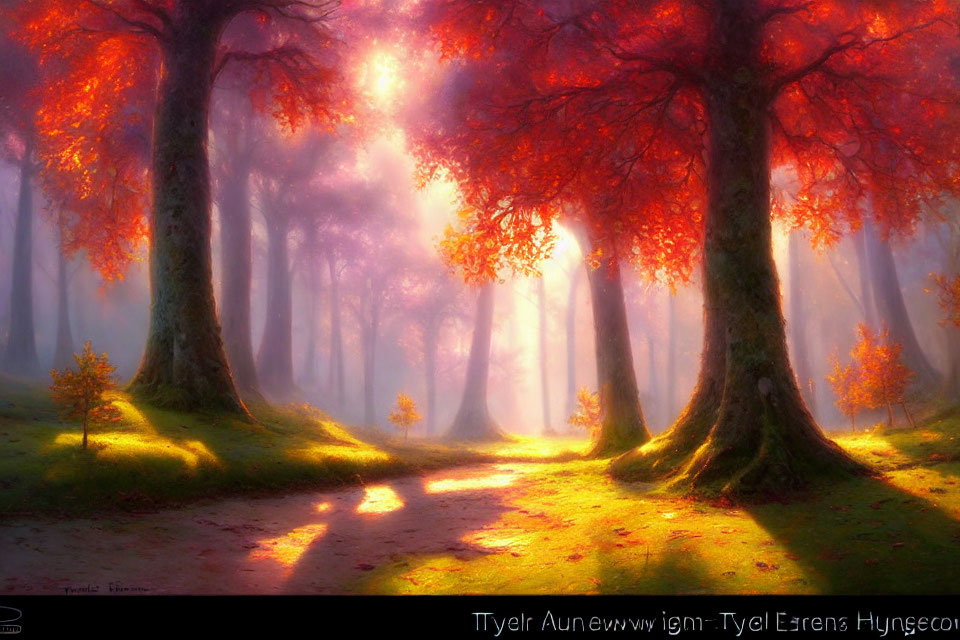 Enchanted autumn forest with sunbeams through golden foliage