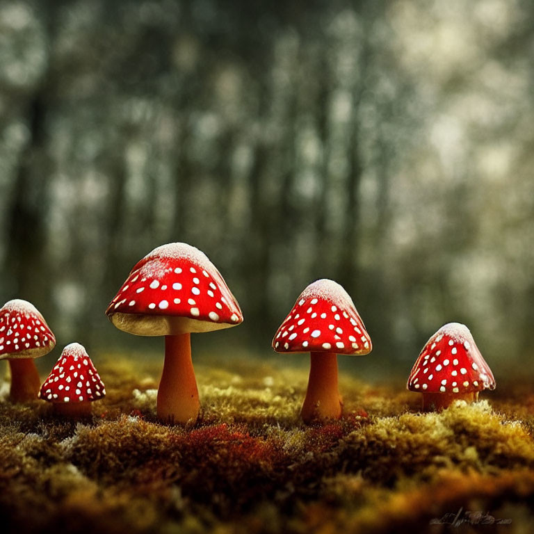 Vibrant red mushrooms with white spots in forest setting