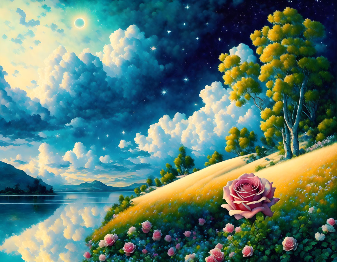 Surreal night landscape with celestial body, lake, trees, pink rose