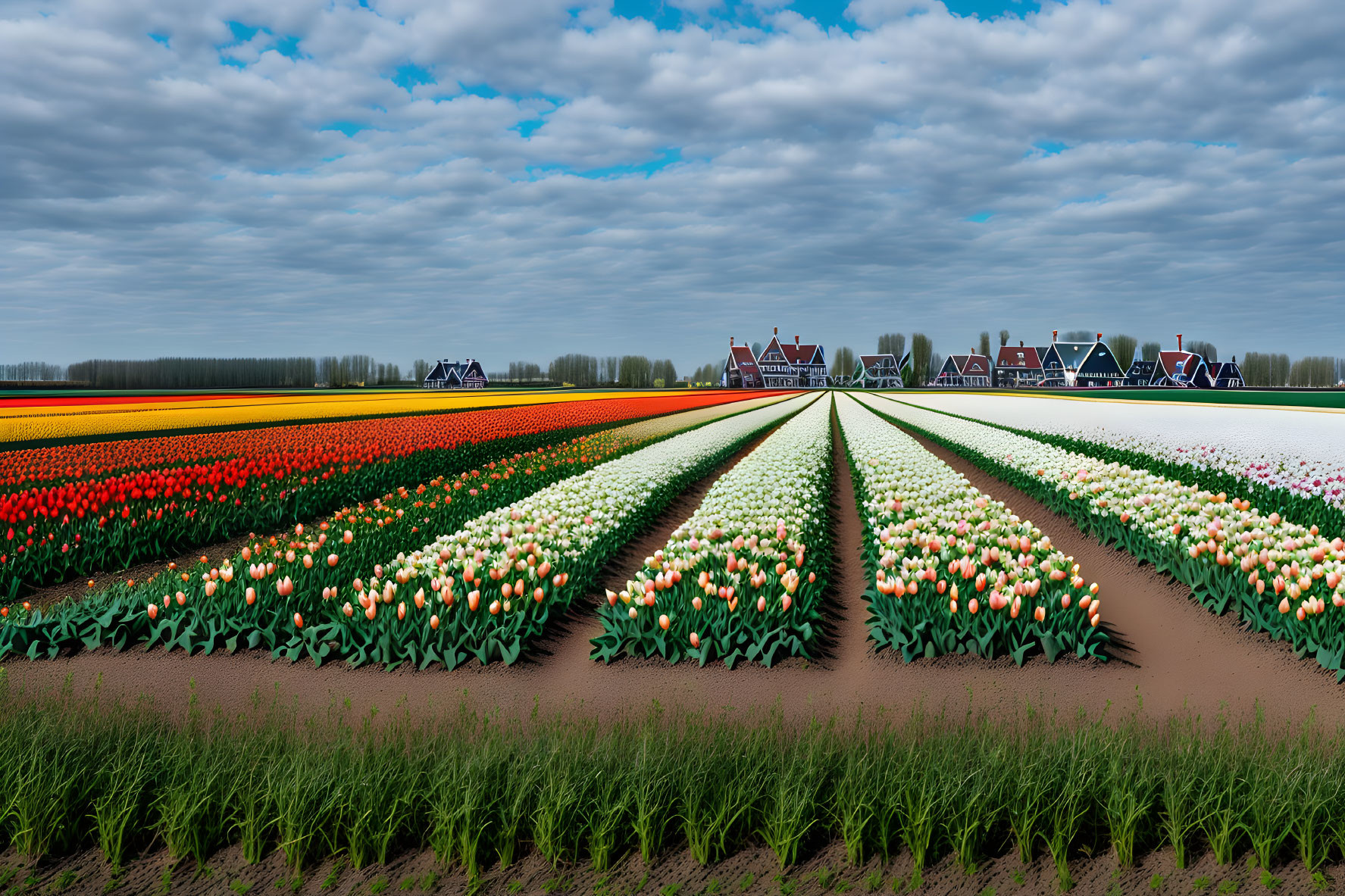 Vibrant tulip rows and traditional houses under cloudy sky