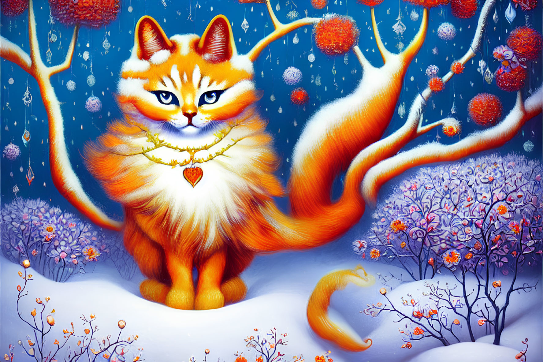 Whimsical orange cat with heart pendant in vibrant snow-covered fantasy forest