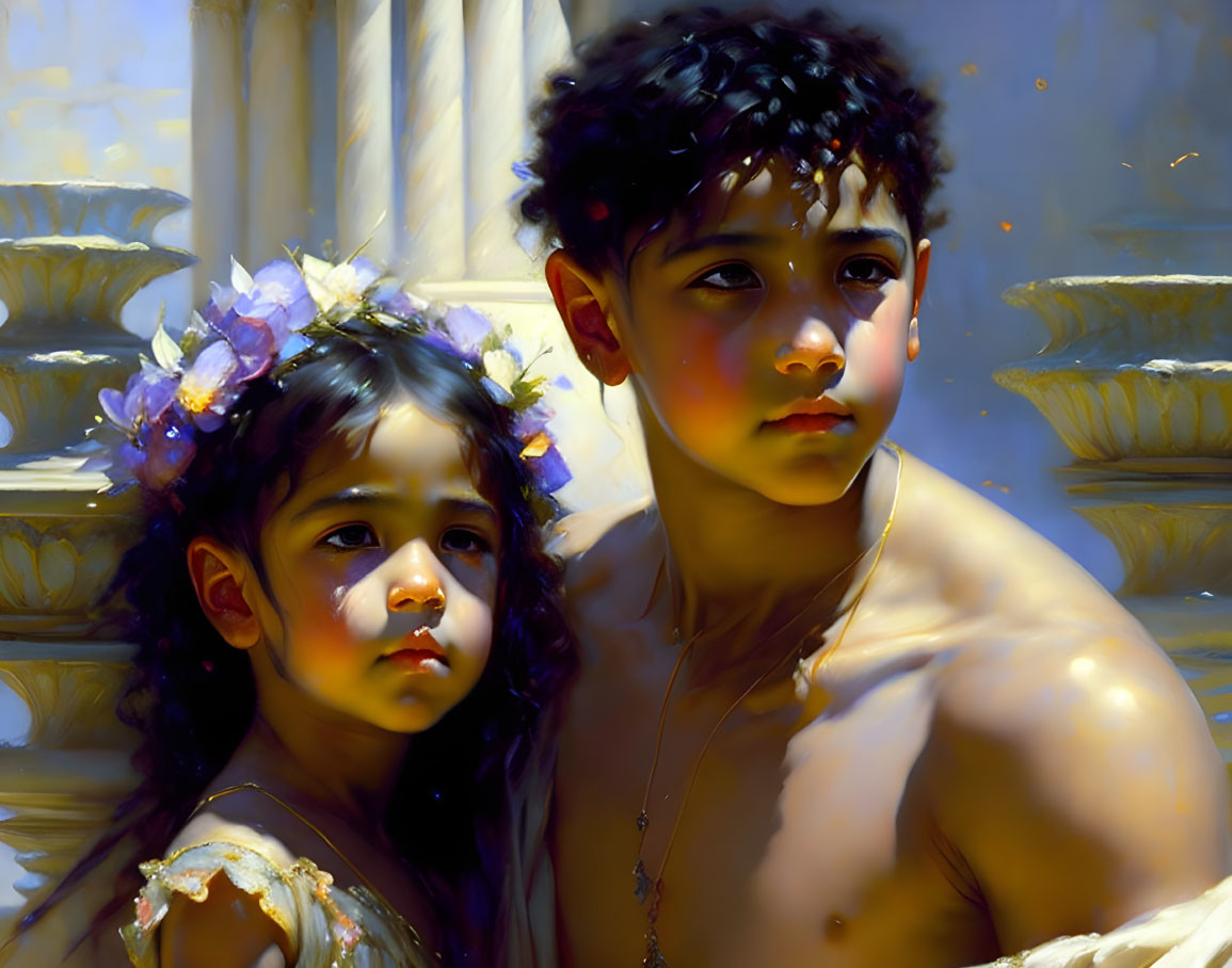 Children in classical clothing with flower crowns near marble column in warm sunlight.