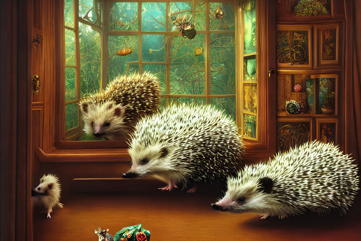 Realistic hedgehogs in room with window and bookshelf