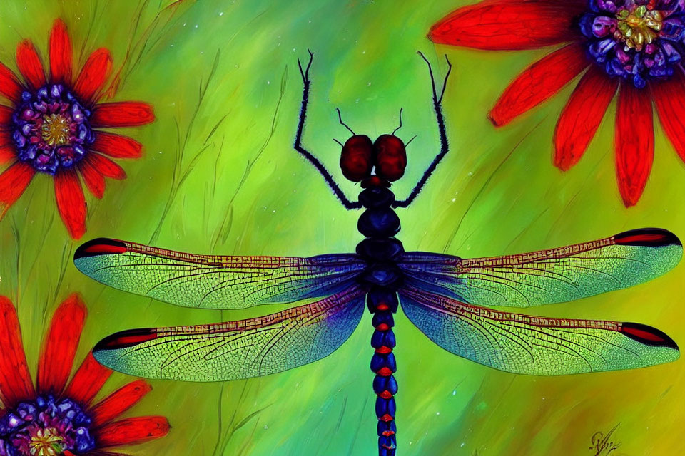 Detailed Dragonfly Digital Painting on Colorful Background with Flowers