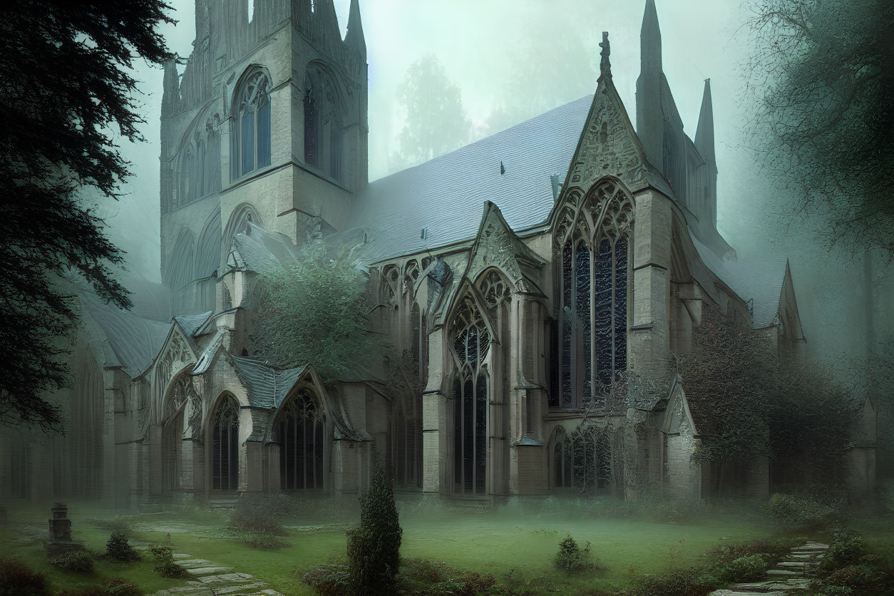Gothic-style cathedral in mist with arches and stained glass windows