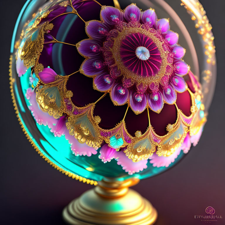Detailed 3D illustration of ornate globe with gold and purple floral patterns