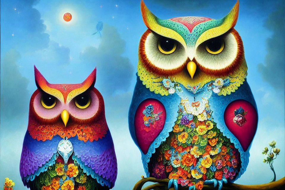 Colorful Stylized Owls Artwork Against Blue Sky Background