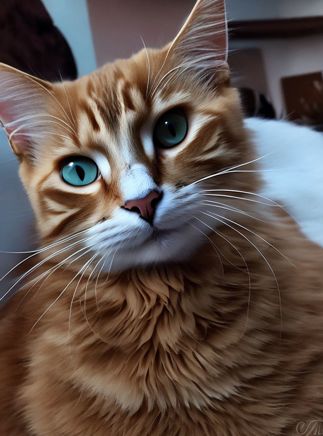 Orange Tabby Cat with Green Eyes and Fluffy Fur gazes at camera