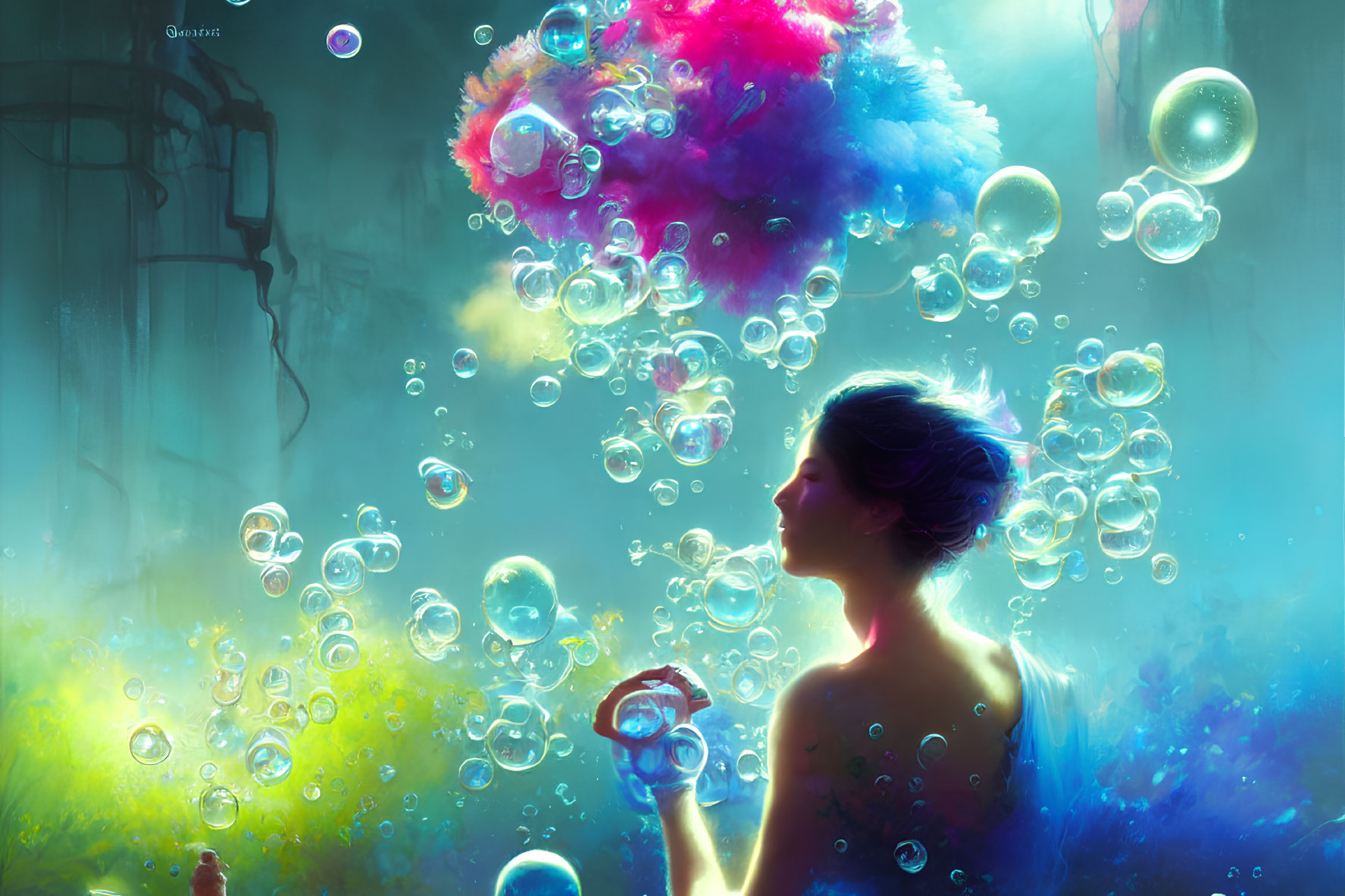 Vibrant underwater dreamscape with woman and luminous bubbles