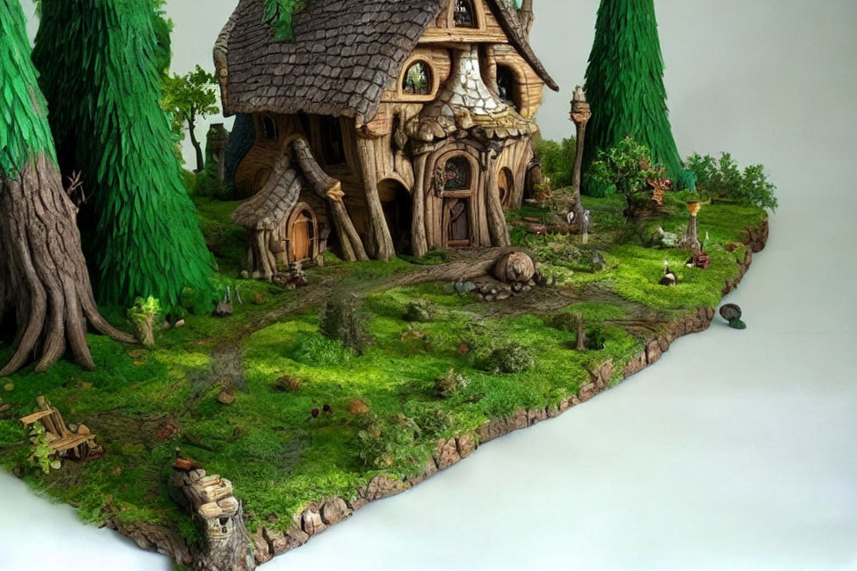 Detailed miniature fantasy cottage in lush green landscape