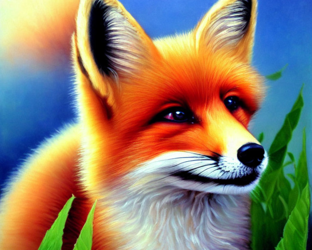 Vivid Red Fox Painting with Orange Fur on Blue Background