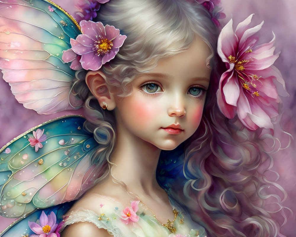 Fantasy illustration of young girl with butterfly wings and floral crown