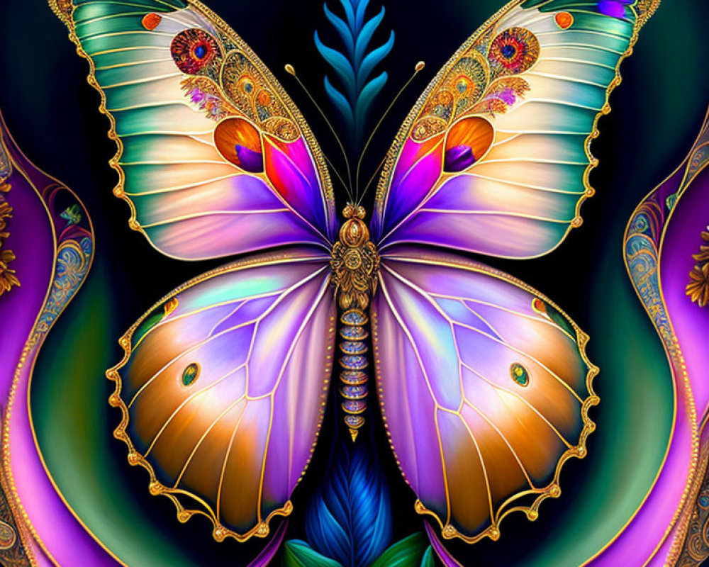 Symmetrical butterfly digital art in purple, orange, and blue with peacock feather motifs