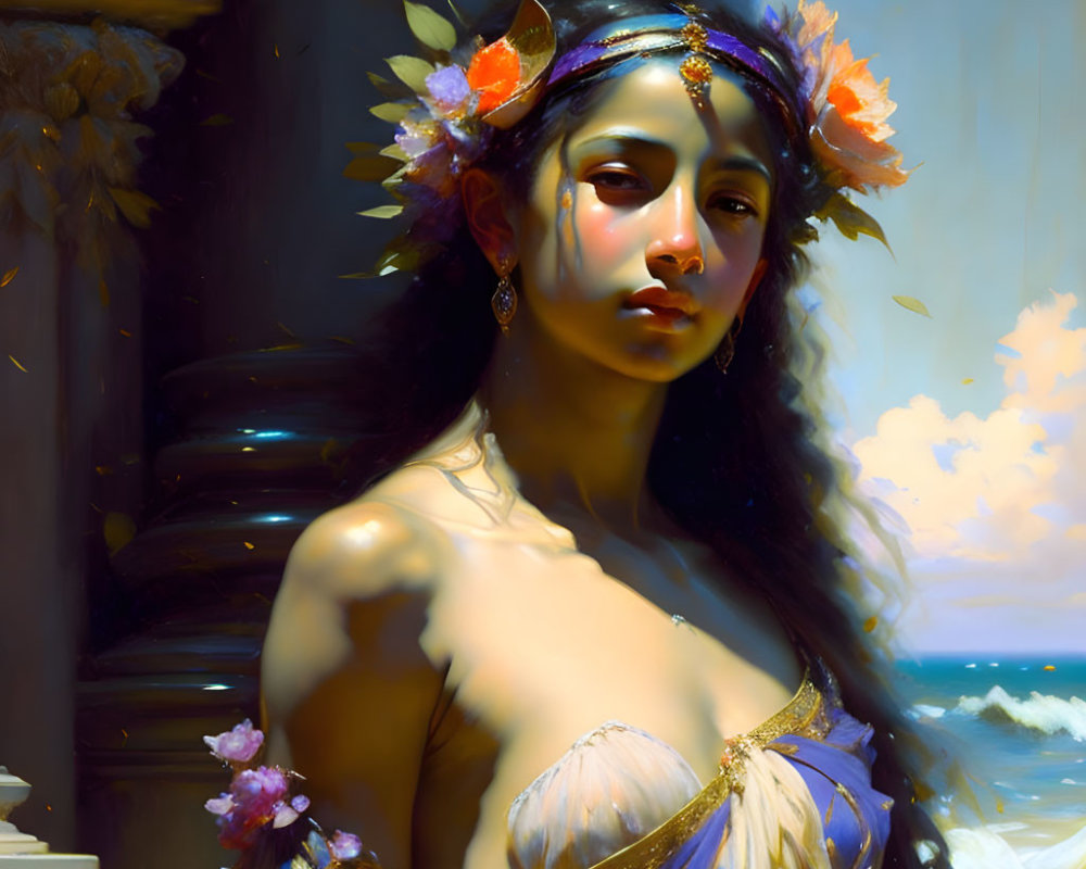 Digital artwork of woman with flowers in hair, gold and purple outfit, architectural backdrop.