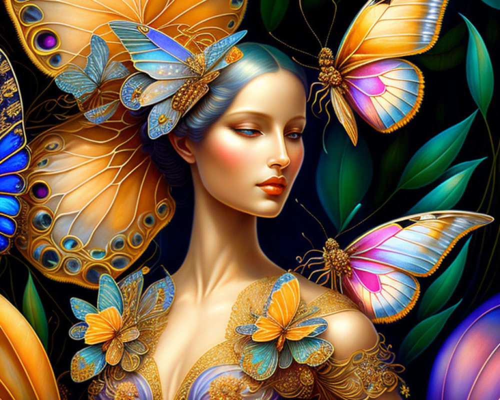 Digital artwork featuring woman with blue hair and vibrant butterflies, leaves, and golden floral patterns.