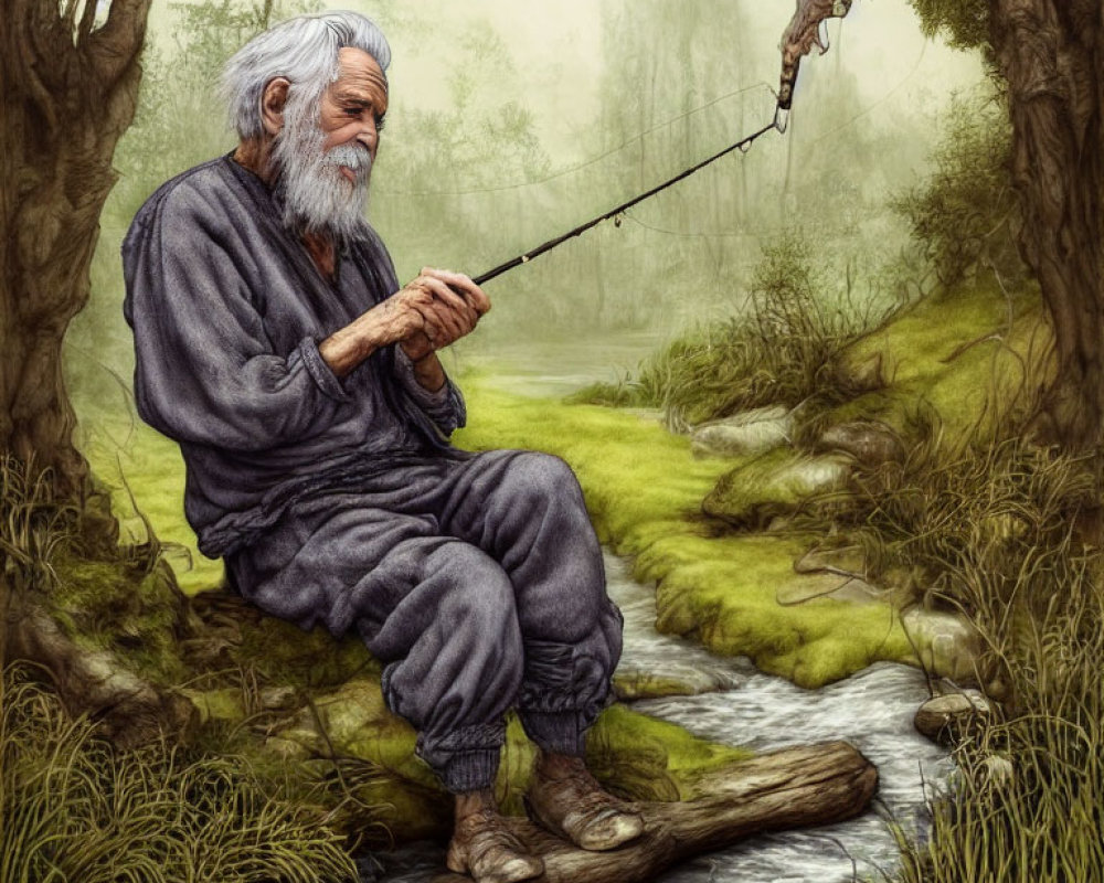 Elderly man fishing by stream in lush greenery