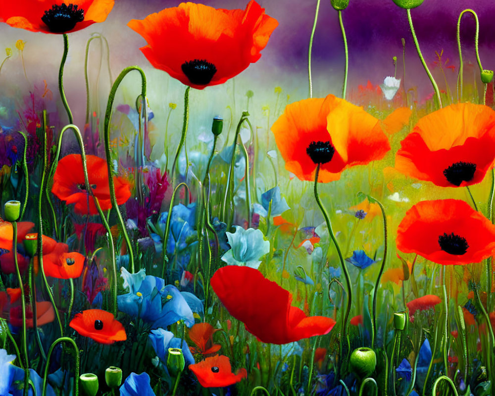 Colorful meadow with red poppies and blue flowers under purple sky