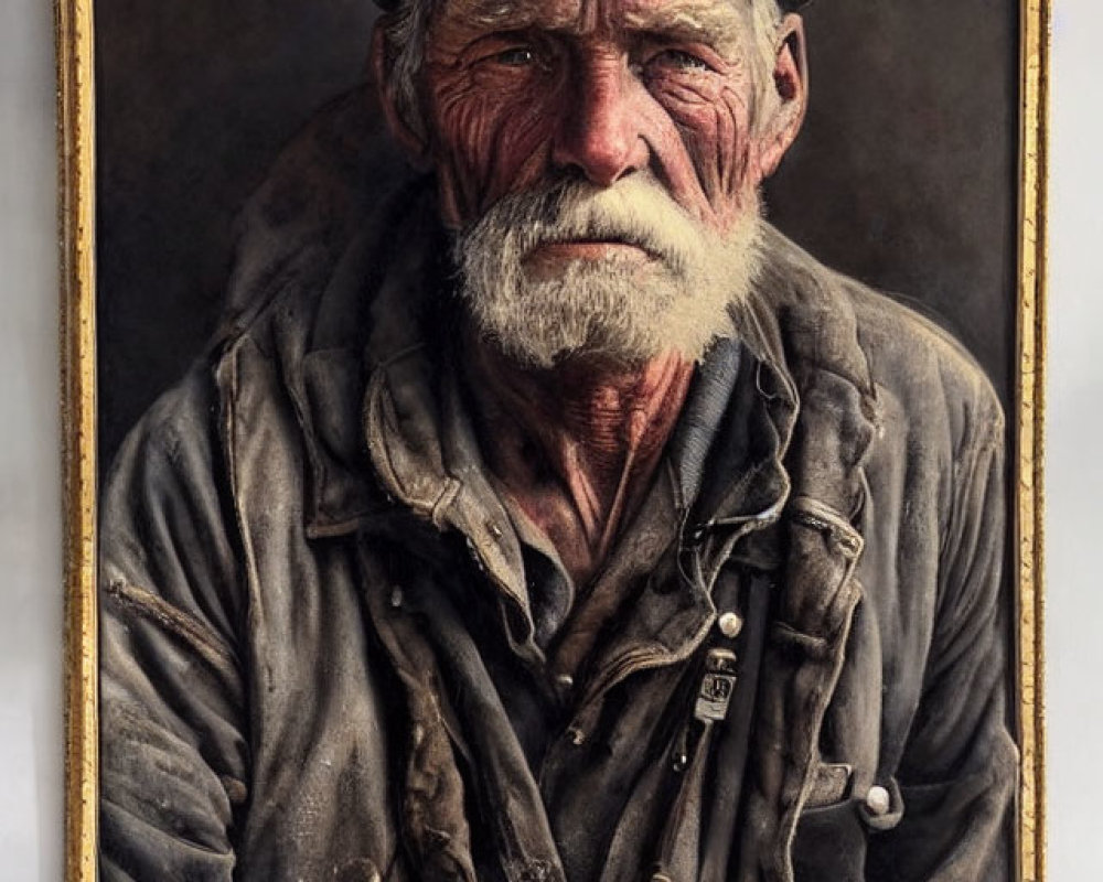 Elderly miner portrait with hard hat, covered in soot, displayed on wall