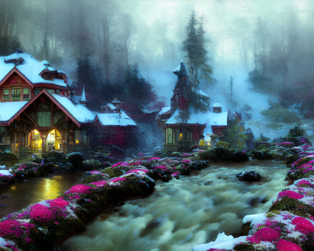 Rustic houses among trees by river at twilight