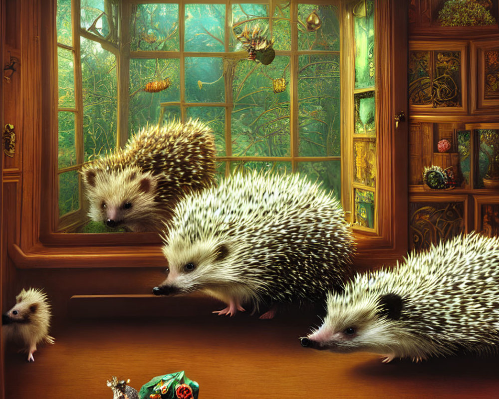 Realistic hedgehogs in room with window and bookshelf