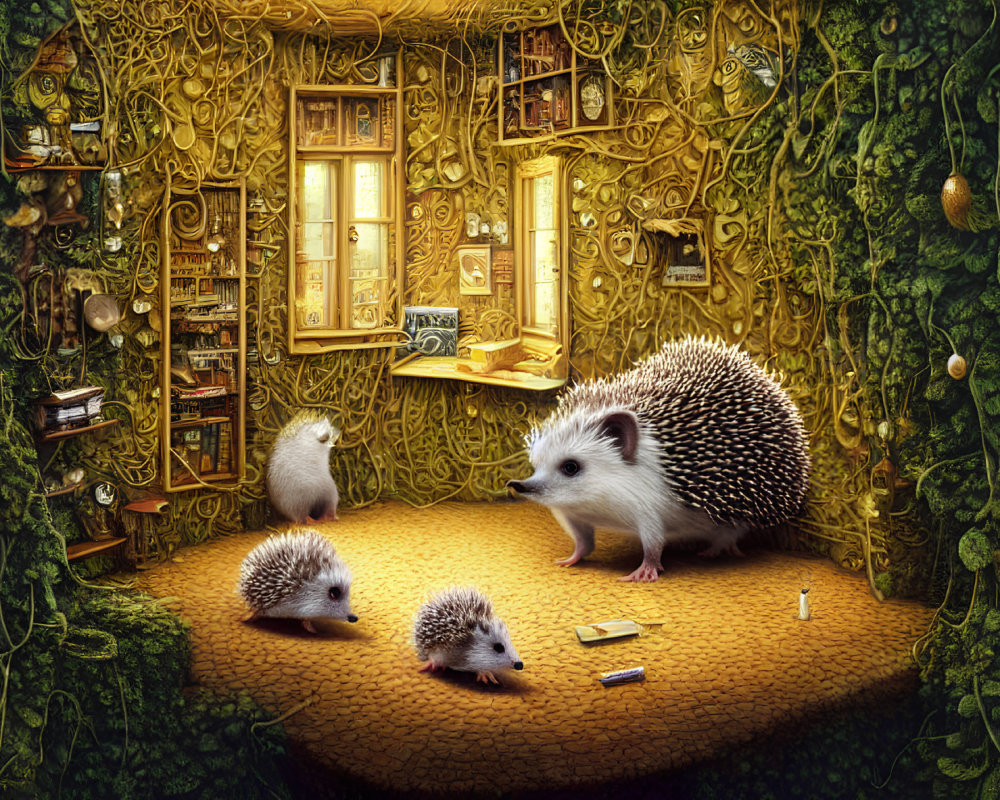 Whimsical illustration of three hedgehogs in cozy room with books & greenery