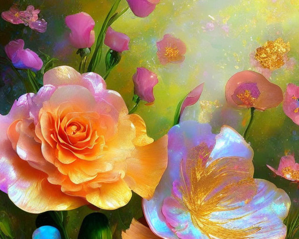 Digital Artwork: Luminescent Roses, Tulips, and Petals in Golden-lit Garden
