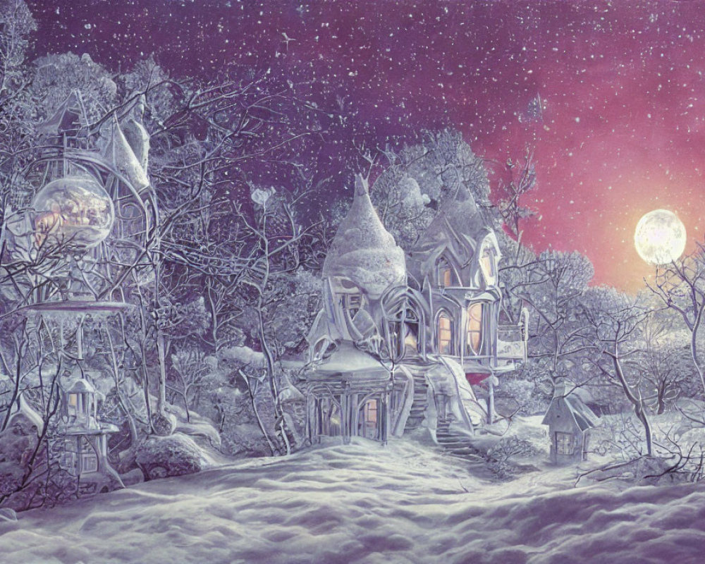 Snow-covered house with glowing windows under full moon and falling snowflakes