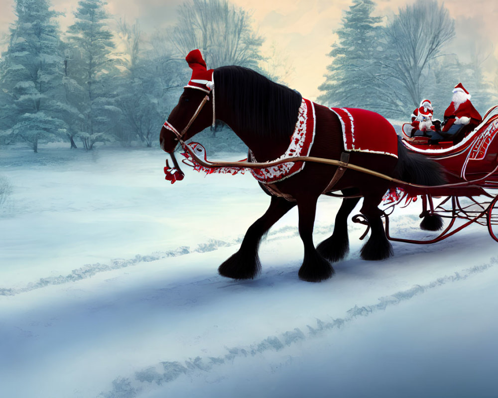 Winter scene: horse pulling sleigh with person in red suit through snowy landscape