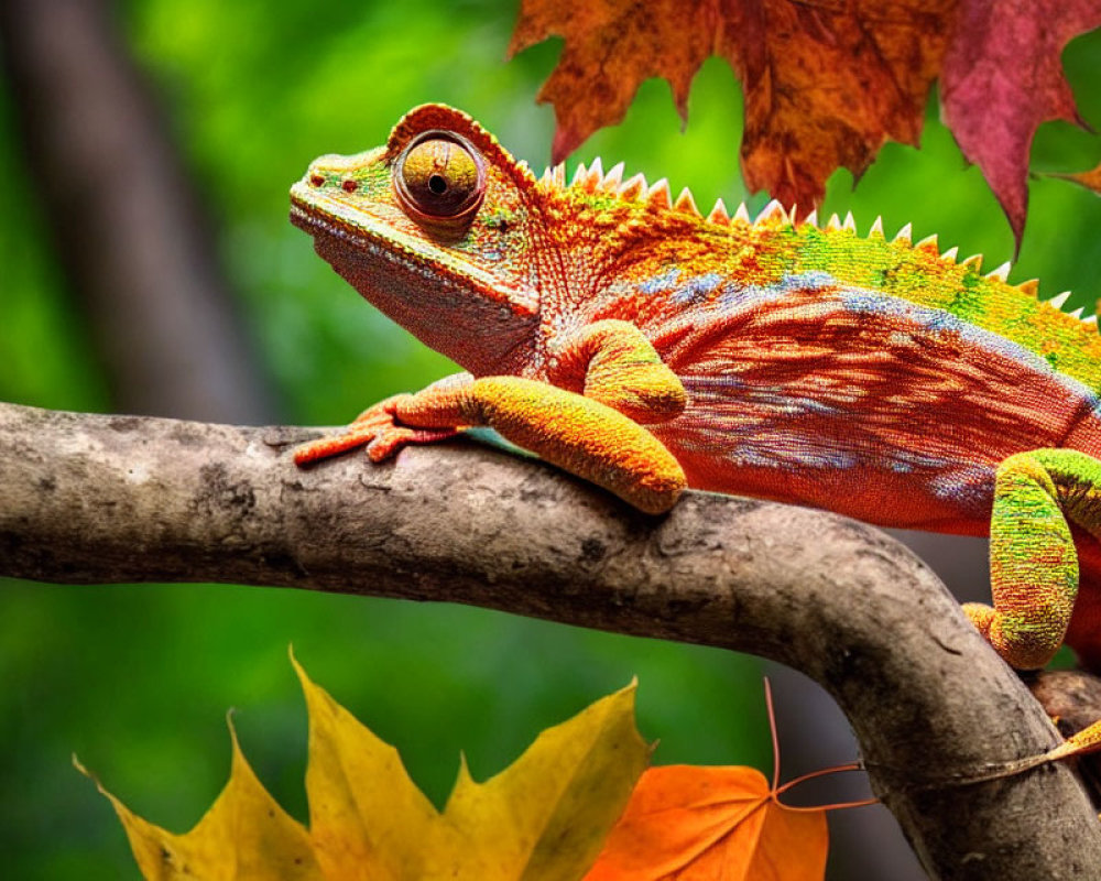 Colorful chameleon on branch with autumn leaves in background